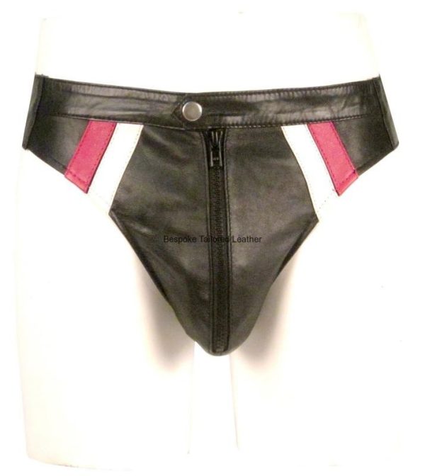 Black Leather Jockstrap With Two Colour Stripe and Plastic Zip(Custom Made to Order)