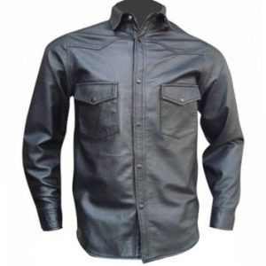 Men's Black Leather Long Sleeve Shirt with Pockets