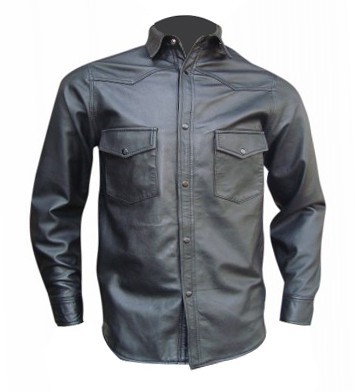 Men's Black Leather Long Sleeve Shirt with Pockets