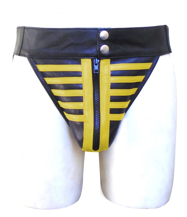Men's Leather Black Jockstrap in Skeleton Style With Yellow Stripe (Custom Made To Order)