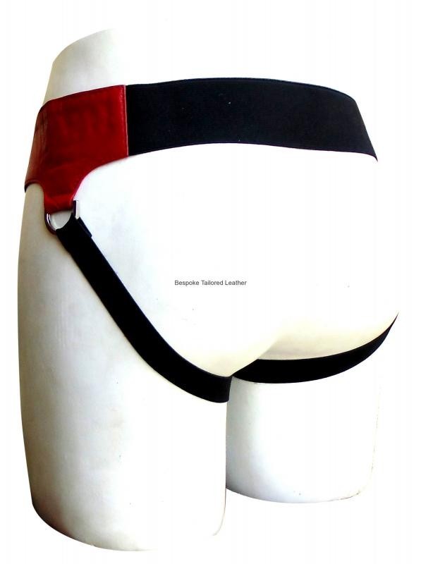 Men's Red Leather Jockstrap With Two Colour Stripe and Plastic Zip