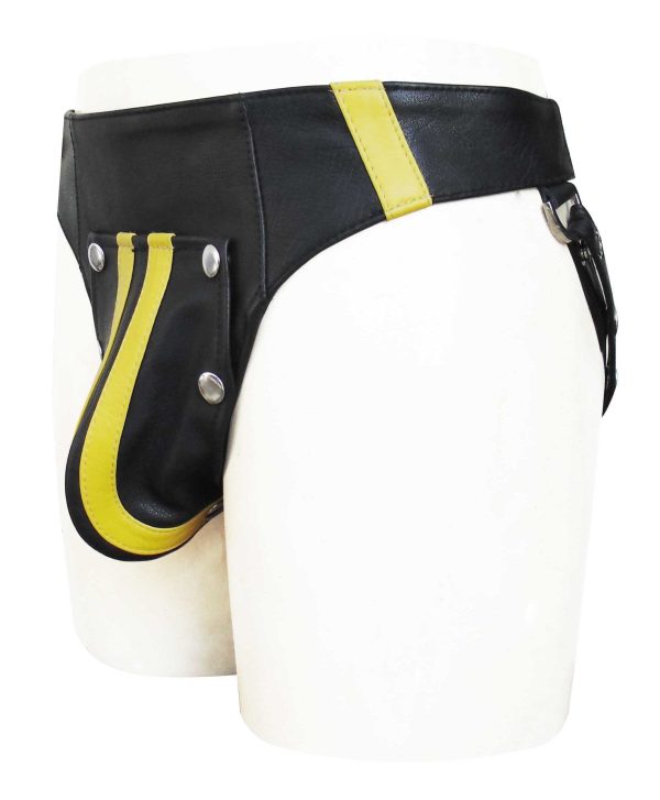 Leather Jockstrap With Yellow Stripes & Pouch (Custom Made To Order)