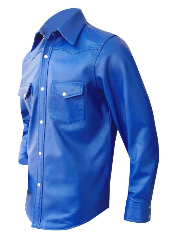 Blue Leather Long Sleeve Shirt With Pockets (Custom Made To Order)