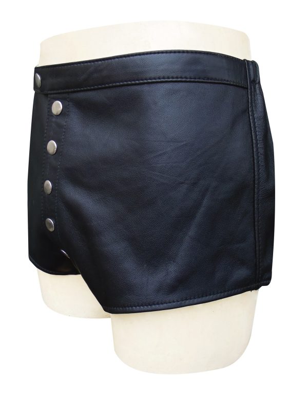 Black Leather Shorts With Front Snap Button Custom Made To Order