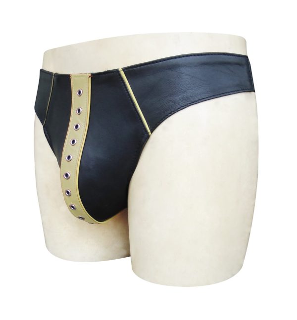 Black Leather Jockstrap with Yellow Stripe (Custom Made To Order)