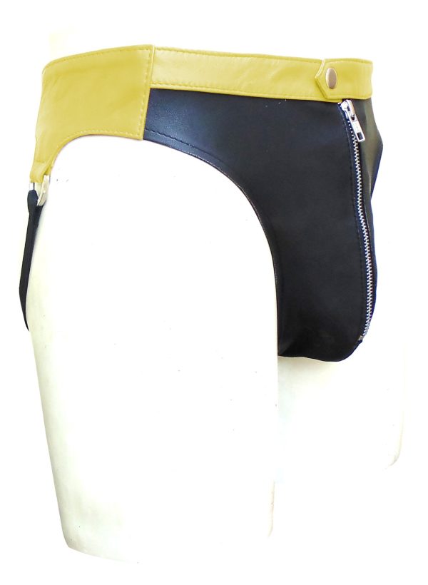 Black Leather Jocks Strap With Yellow Waistband (Custom Made to Order)