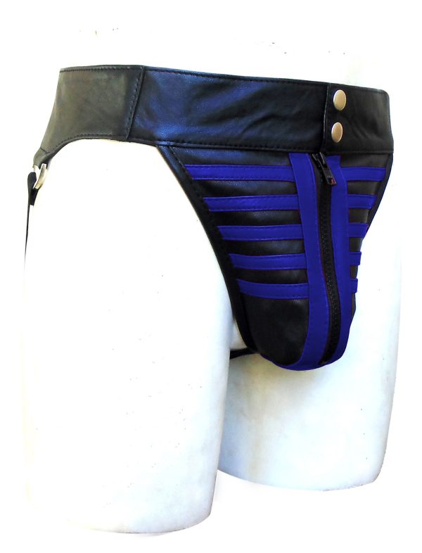 Leather Jockstrap Skeleton Style With Blue Stripe (Custom Made To Order) Plus sizes welcome