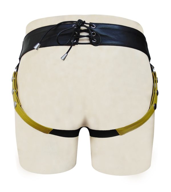 Black Leather Jockstrap with Yellow Stripe Stud on Front of Pouch (Custom Made to Order)