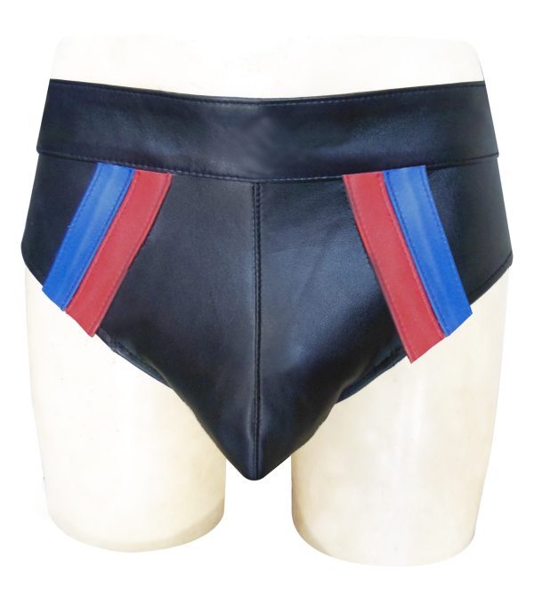 Black Leather Brief with Color Stripes and Elastic on Back for Adjustments (Custom Made To Order)