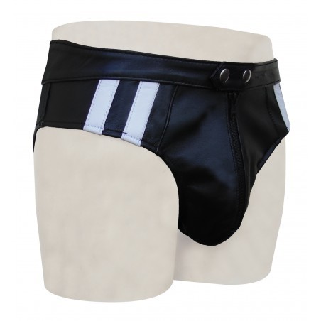 Black Leather Jockstrap with White Stripes on Front (Custom Made to Order)