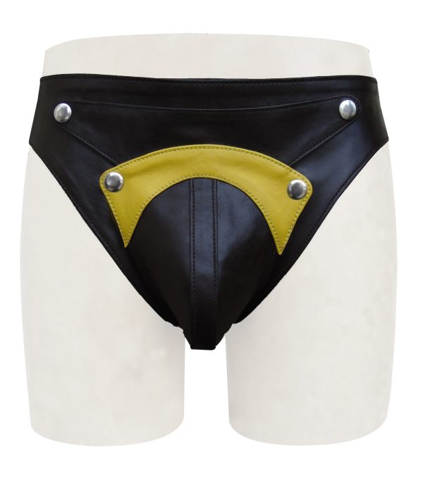Black Leather Jockstrap with Yellow Stripe On Front (Custom Made to Order)