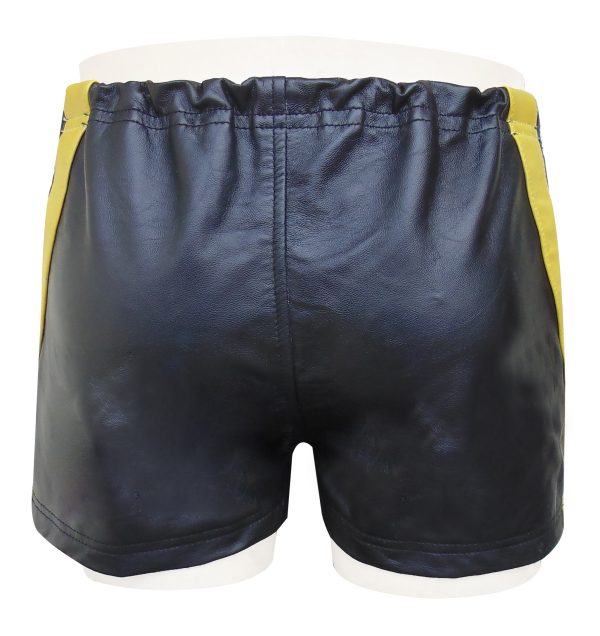 Men's Sports Real Sheepskin Black Leather Yellow Strips Shorts (Custom Made To Order)