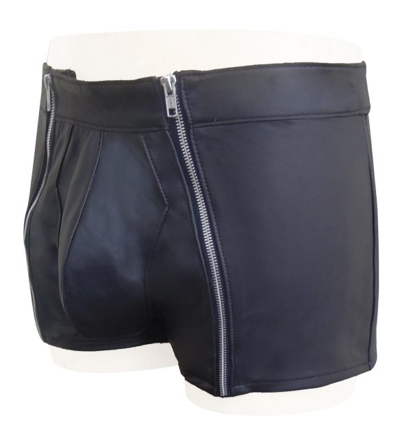Black Leather Shorts For Man's With Front 2 Zip (Custom Made to Order)
