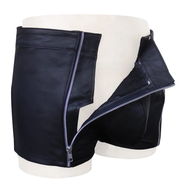 Black Leather Shorts For Man's With Front 2 Zip (Custom Made to Order)