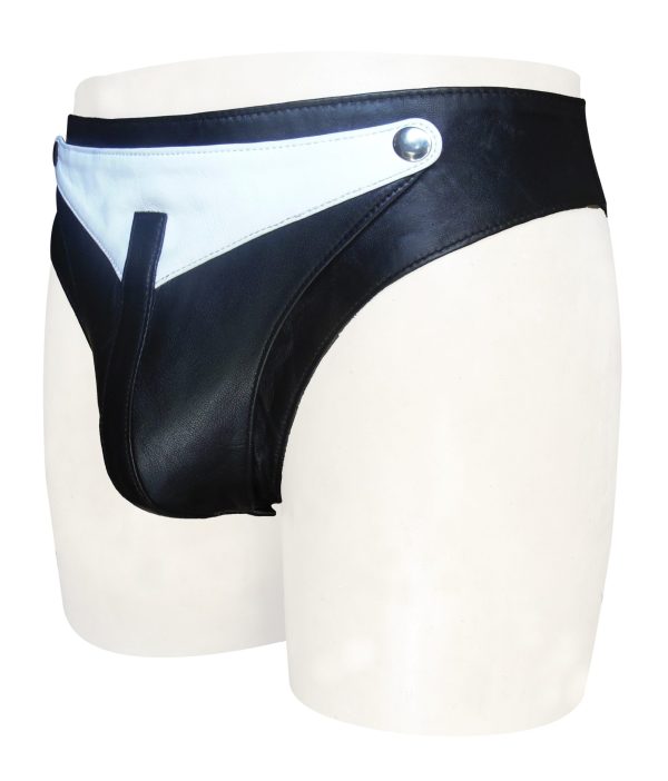 Black Leather Jockstrap with White Design On front (Custom Made to Order)