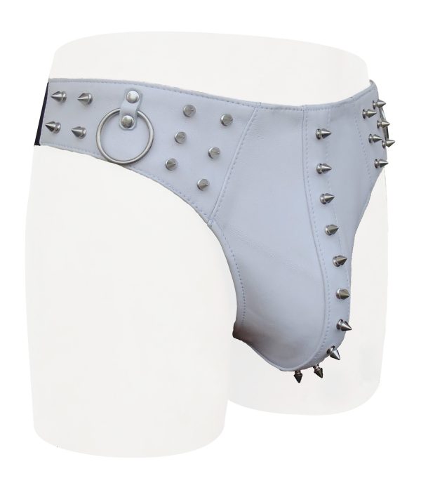 White Leather Thong With Metal Stud and O Ring on Front (Custom Made to Order)