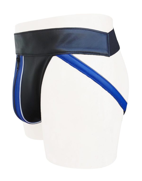 Black Leather Jockstrap With Blue Stripe with Piping (Custom Made To Order)