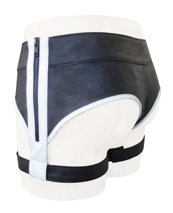 Black Leather New Look Brief with Zipper and Color Strip on Side(Custom Made to Order)
