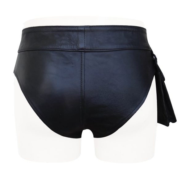 Black Leather Brief With Side Button Pouch Pocket (Custom Made to Order)
