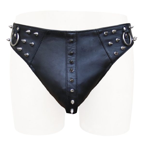 Black Leather Brief with Metal Stud and O Ring on Front (Custom Made to Order)