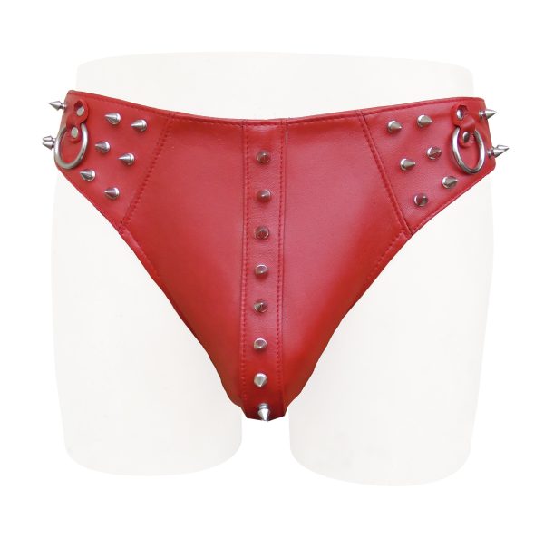 Red Leather Brief with Metal Stud and O Ring on Front (Custom Made to Order)